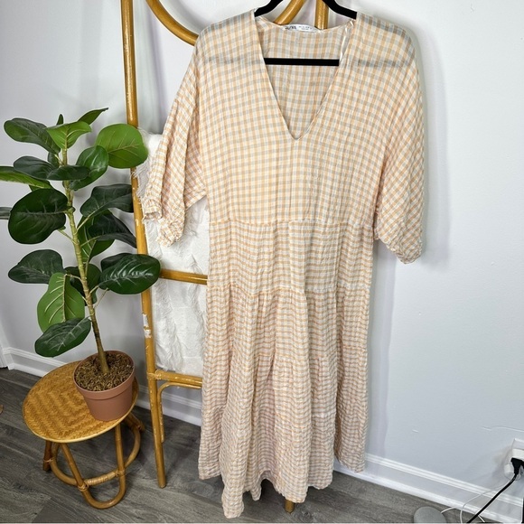 Zara Orange and Blue Check Midi Dress sz L - Picture 1 of 5